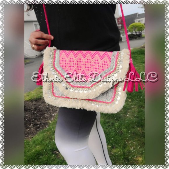 New pink Handmade Banjara fringe Jute Bag - Silver And Gold Leather Slin… - Picture 1 of 8